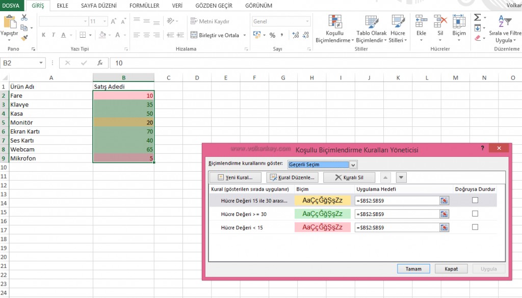 Excel'de Koşullu Biçimlendirme